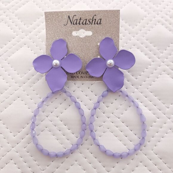 Natasha Purple Floral Hoop Beeds Earrings NWT - Picture 1 of 5